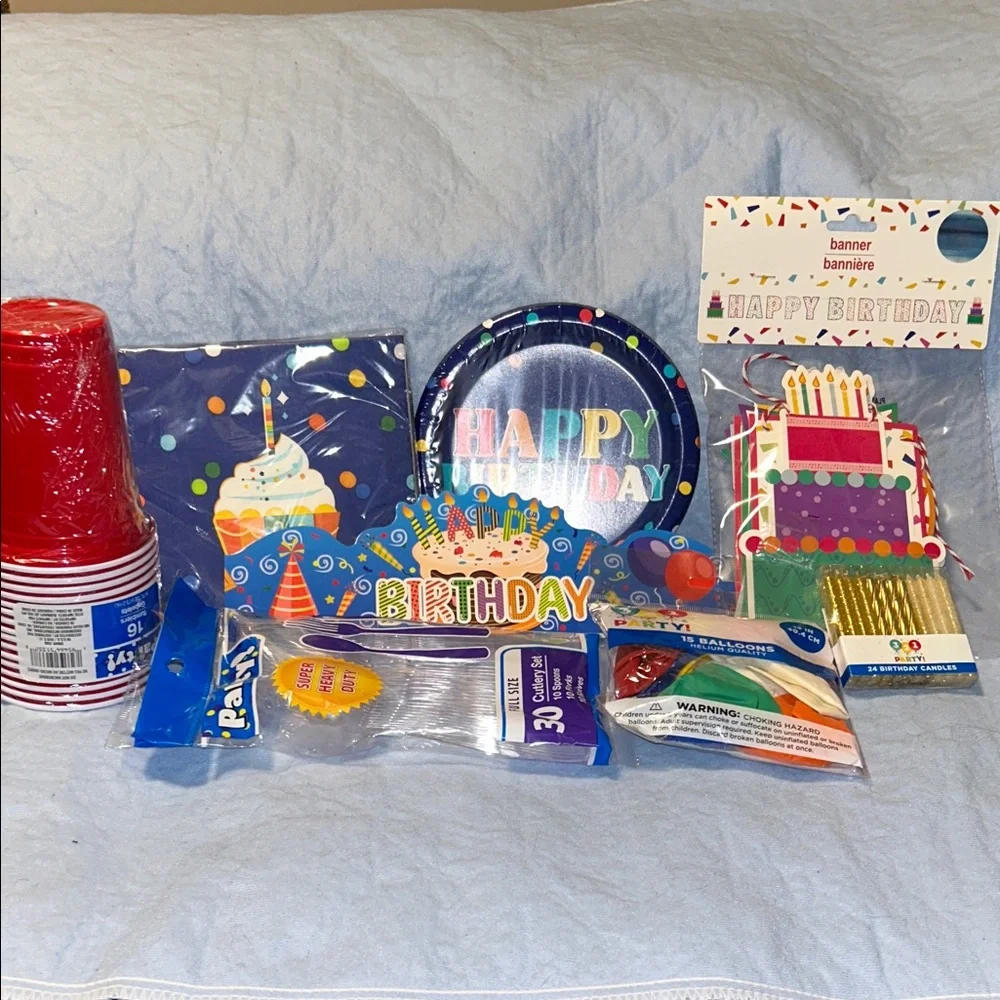 Happy Birthday Party Set Contains Cups Napkins Banner Balloons Candles Cutlery